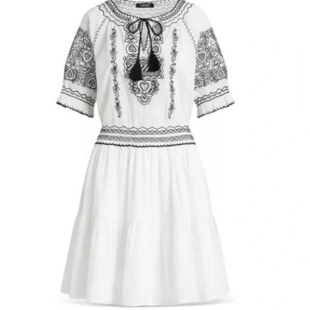 Lauren Ralph Lauren Smocked & Embroidered Tiered Cotton Voile Dress NWT 14
